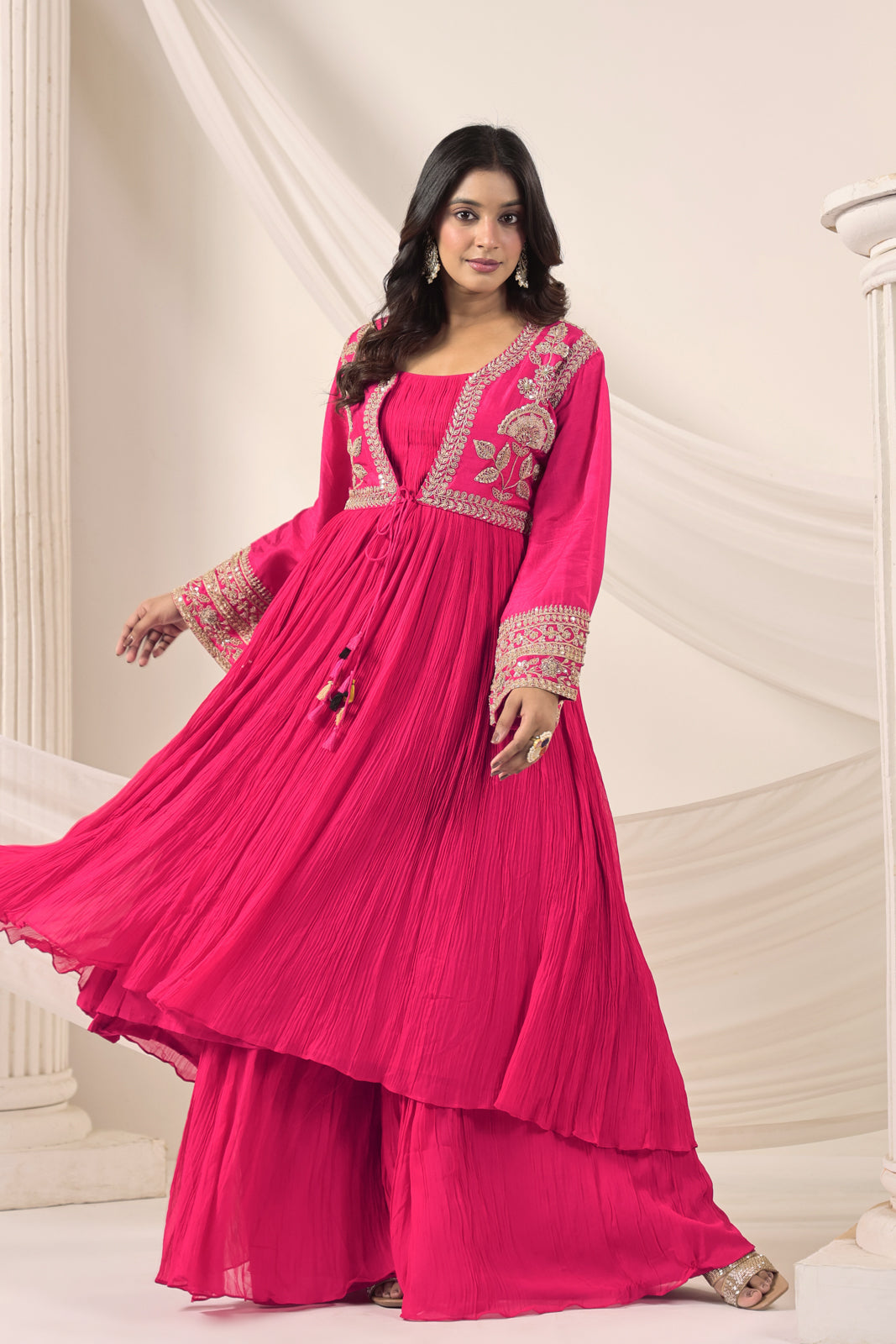 Hot Pink Crush Georgette Anarkali Top With Embroidery Jacket & Sharara Pant