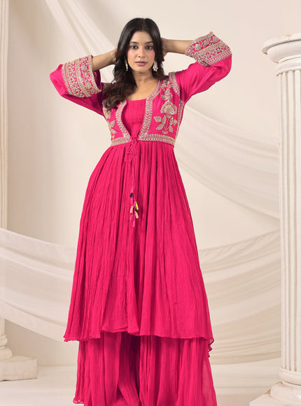 Hot Pink Crush Georgette Anarkali Top With Embroidery Jacket & Sharara Pant