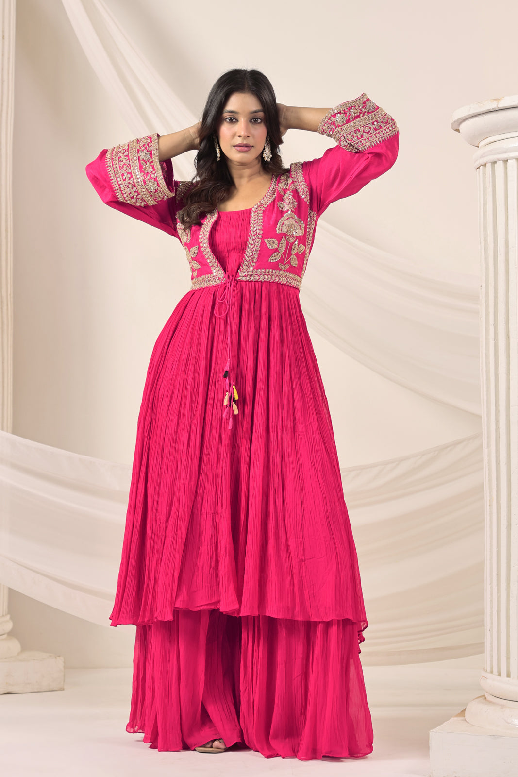 Hot Pink Crush Georgette Anarkali Top With Embroidery Jacket & Sharara Pant