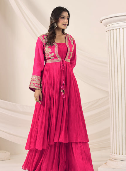 Hot Pink Crush Georgette Anarkali Top With Embroidery Jacket & Sharara Pant