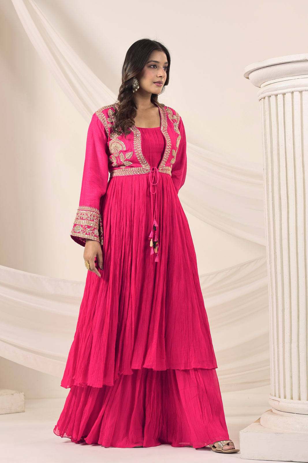 Hot Pink Crush Georgette Anarkali Top With Embroidery Jacket & Sharara Pant