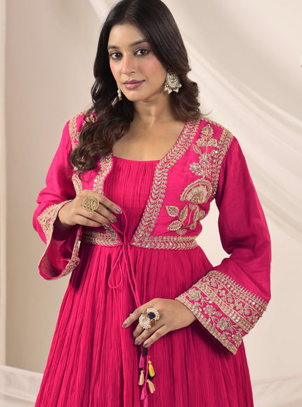 Hot Pink Crush Georgette Anarkali Top With Embroidery Jacket & Sharara Pant