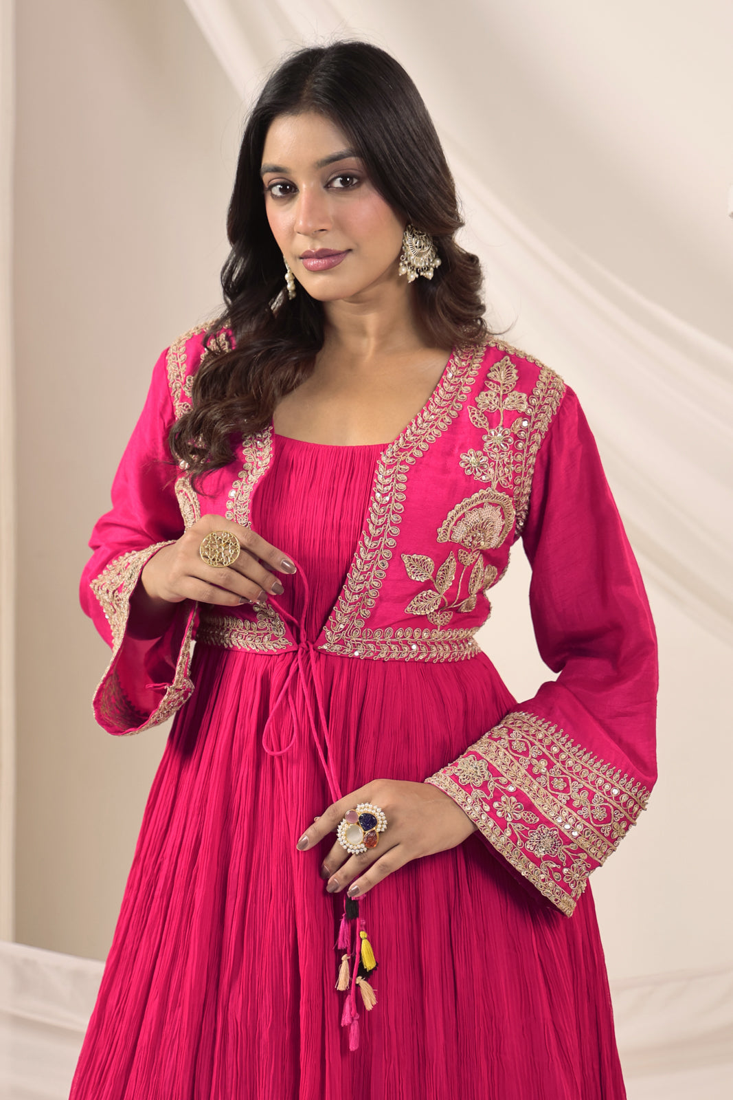 Hot Pink Crush Georgette Anarkali Top With Embroidery Jacket & Sharara Pant