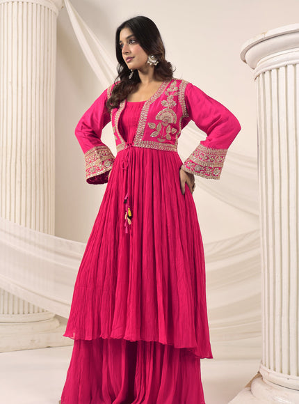 Hot Pink Crush Georgette Anarkali Top With Embroidery Jacket & Sharara Pant