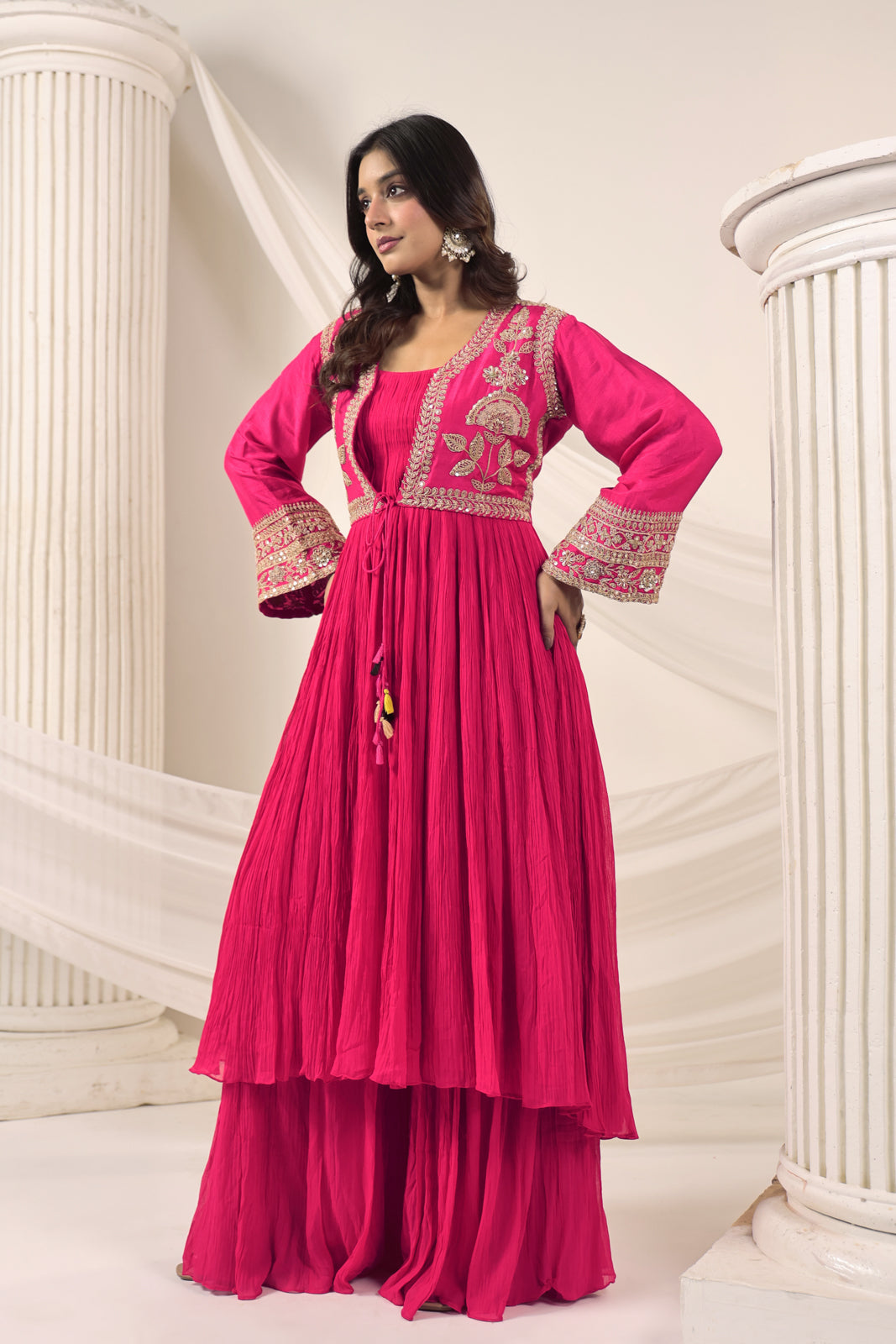 Hot Pink Crush Georgette Anarkali Top With Embroidery Jacket & Sharara Pant