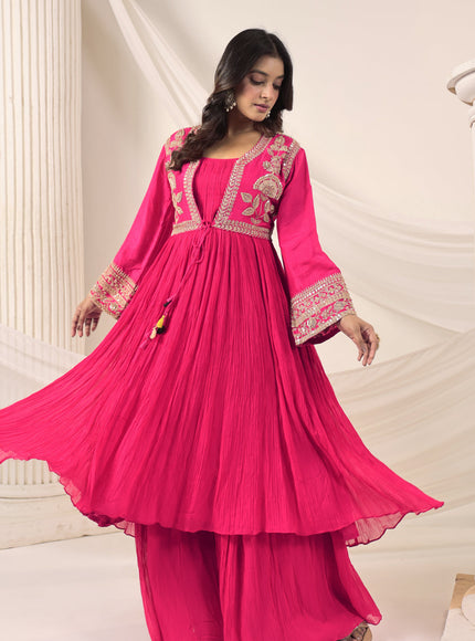 Hot Pink Crush Georgette Anarkali Top With Embroidery Jacket & Sharara Pant