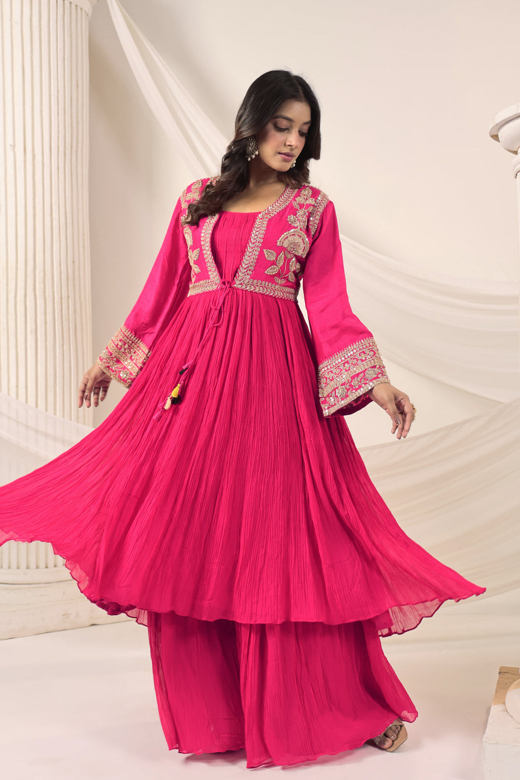Hot Pink Crush Georgette Anarkali Top With Embroidery Jacket & Sharara Pant