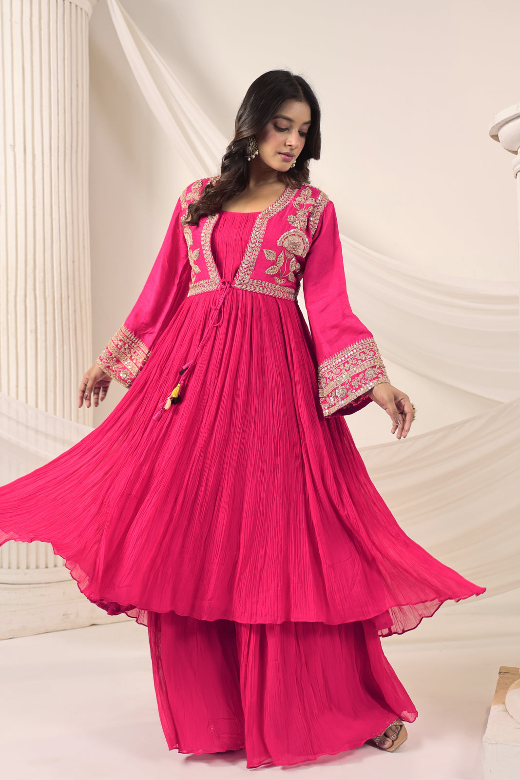 Hot Pink Crush Georgette Anarkali Top With Embroidery Jacket & Sharara Pant
