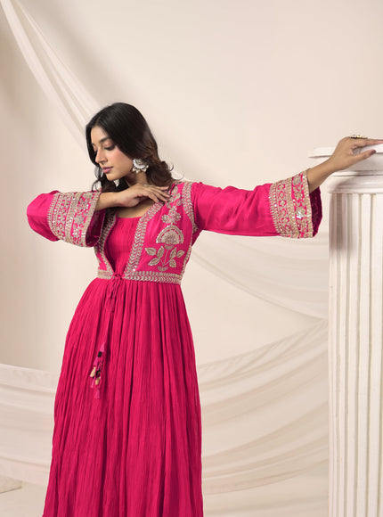Hot Pink Crush Georgette Anarkali Top With Embroidery Jacket & Sharara Pant