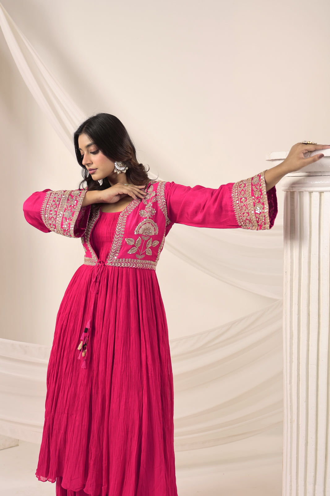Hot Pink Crush Georgette Anarkali Top With Embroidery Jacket & Sharara Pant