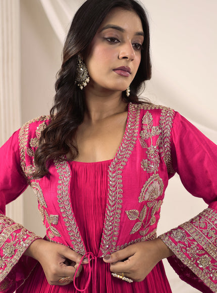 Hot Pink Crush Georgette Anarkali Top With Embroidery Jacket & Sharara Pant