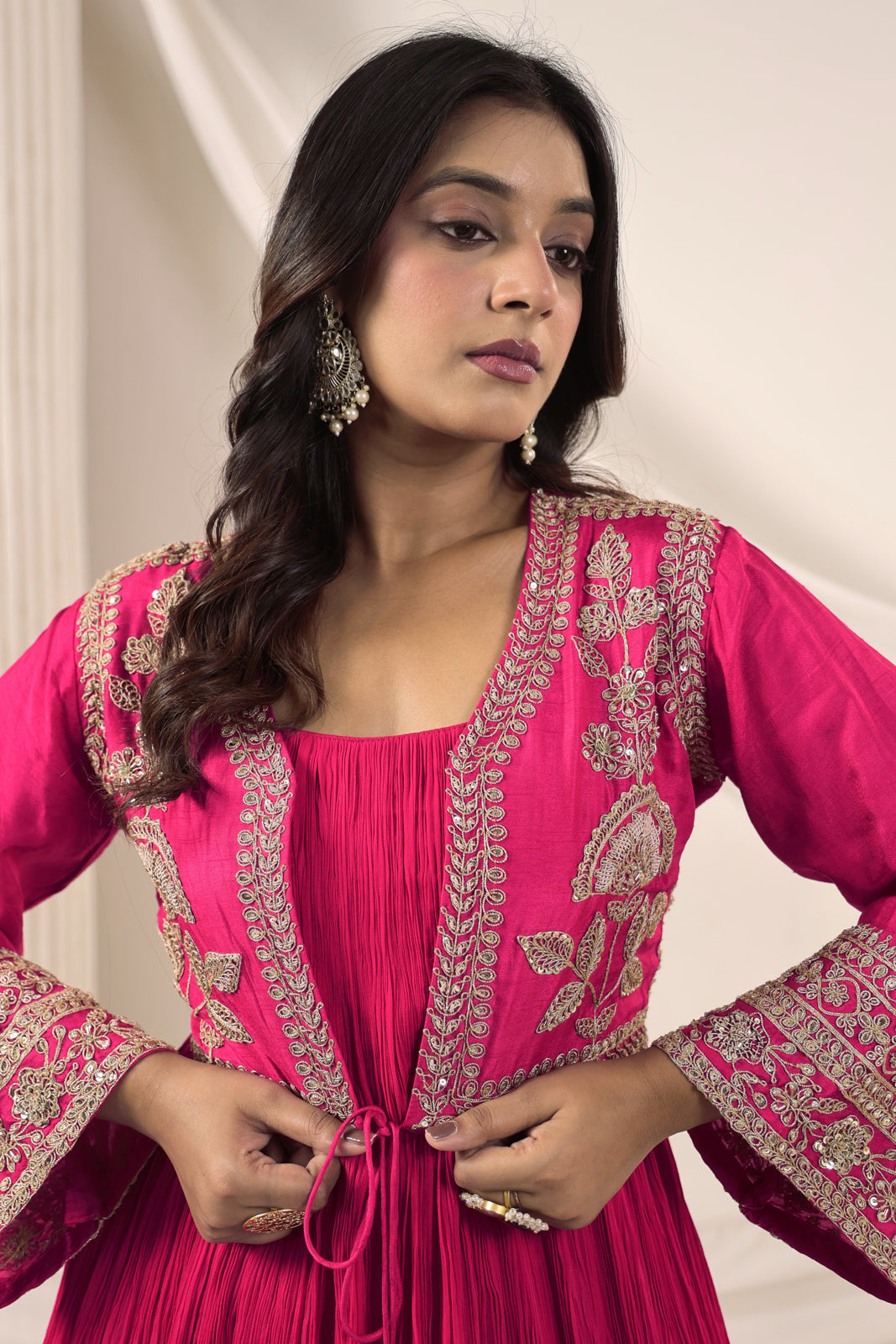 Hot Pink Crush Georgette Anarkali Top With Embroidery Jacket & Sharara Pant