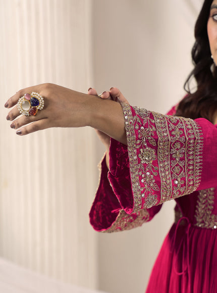 Hot Pink Crush Georgette Anarkali Top With Embroidery Jacket & Sharara Pant