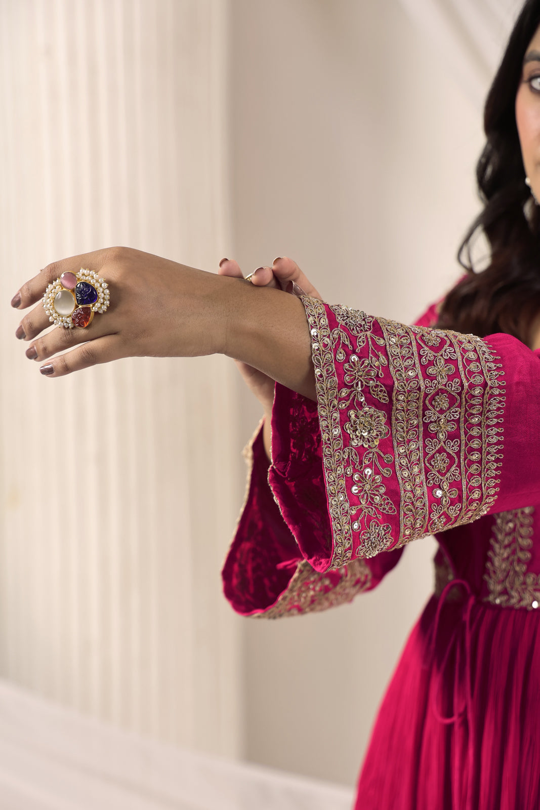 Hot Pink Crush Georgette Anarkali Top With Embroidery Jacket & Sharara Pant