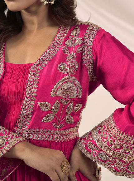 Hot Pink Crush Georgette Anarkali Top With Embroidery Jacket & Sharara Pant