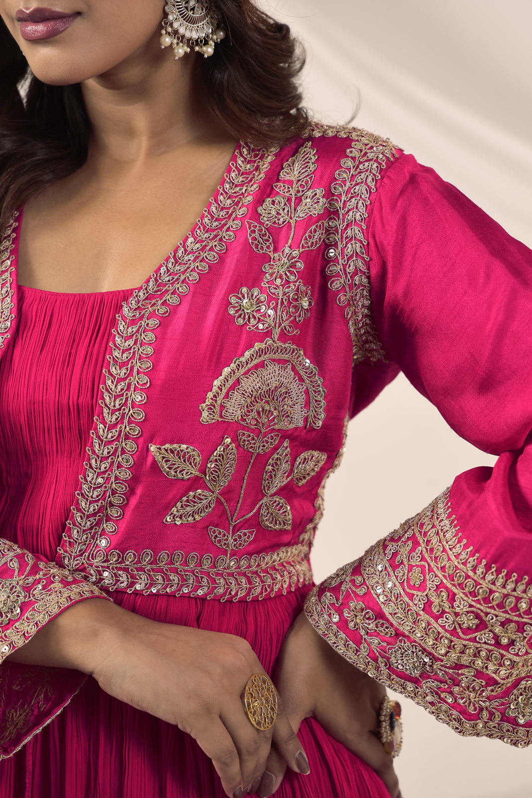 Hot Pink Crush Georgette Anarkali Top With Embroidery Jacket & Sharara Pant
