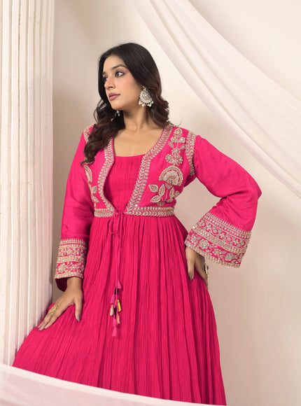 Hot Pink Crush Georgette Anarkali Top With Embroidery Jacket & Sharara Pant