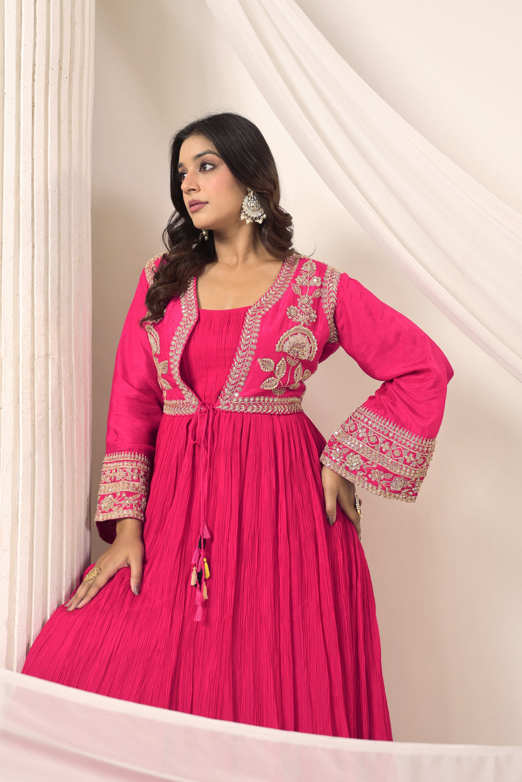 Hot Pink Crush Georgette Anarkali Top With Embroidery Jacket & Sharara Pant