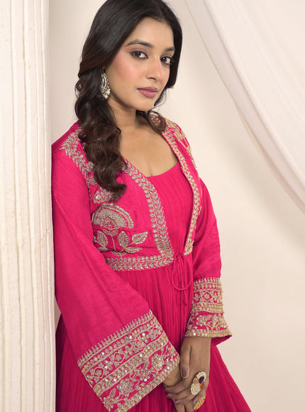 Hot Pink Crush Georgette Anarkali Top With Embroidery Jacket & Sharara Pant