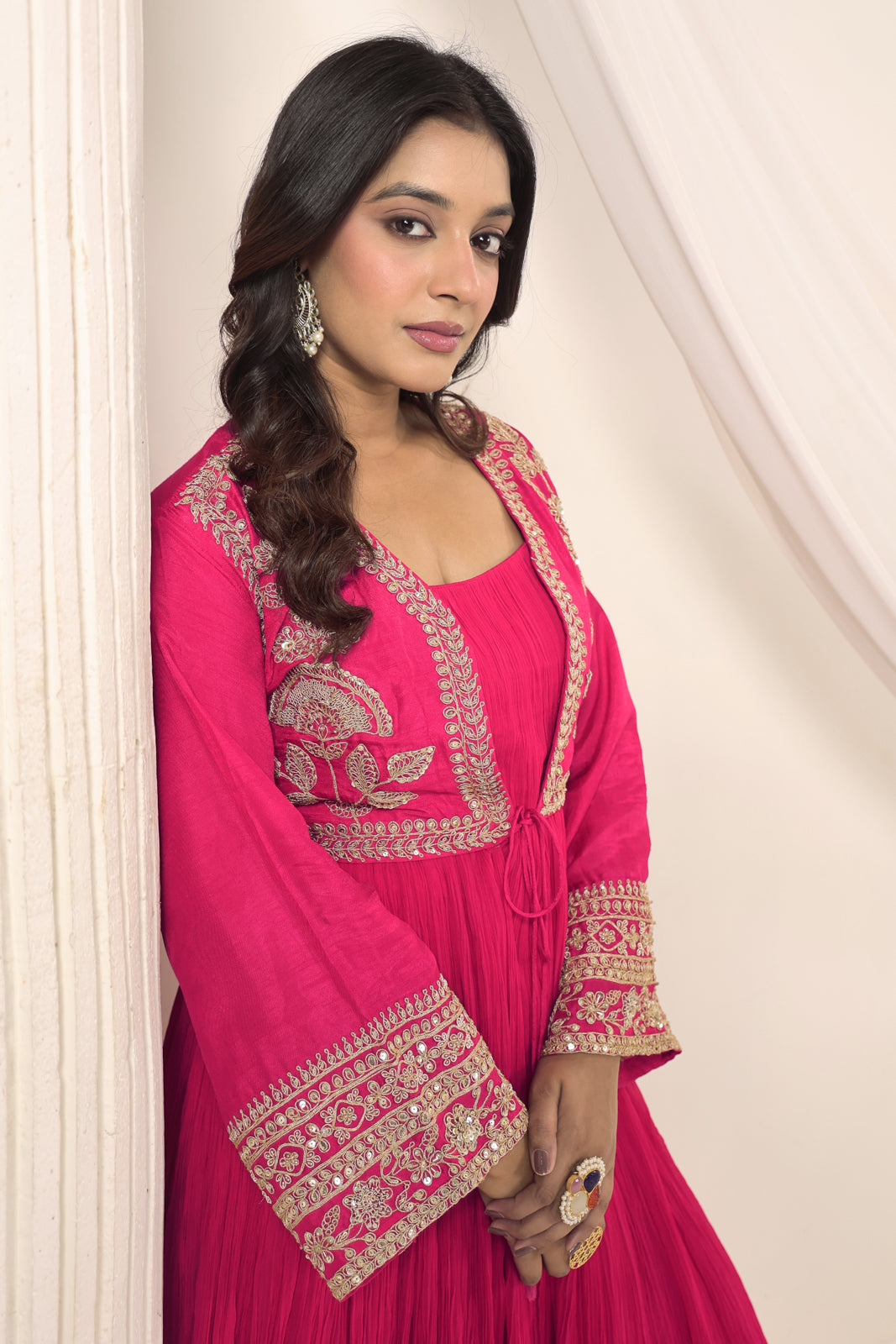 Hot Pink Crush Georgette Anarkali Top With Embroidery Jacket & Sharara Pant