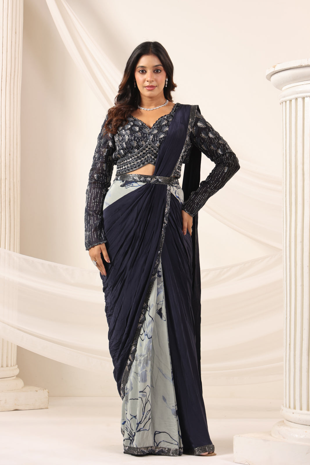 Navy Blue Crepe Pre-Draped Saree With Embroided Blouse And Partly Prints