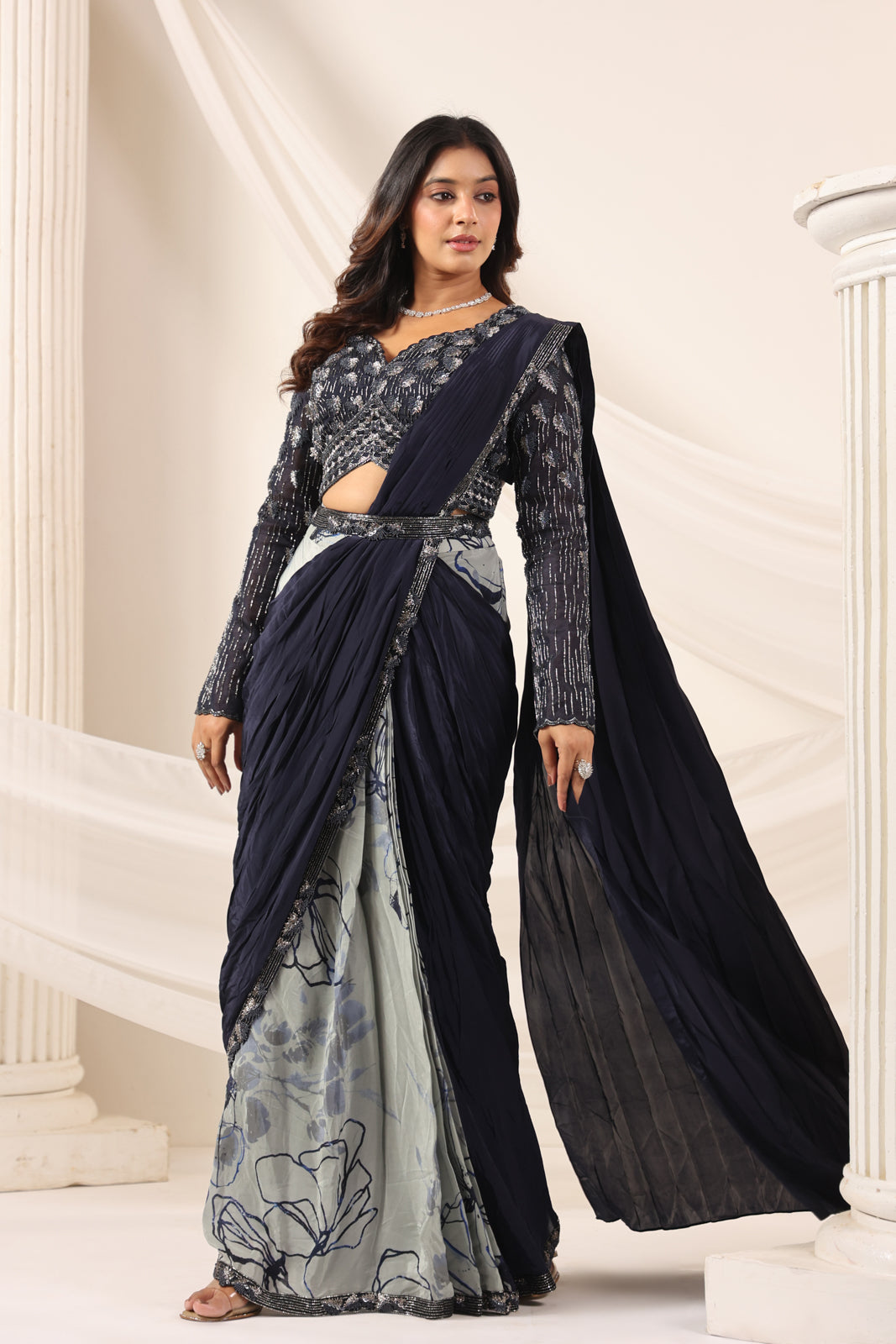 Navy Blue Crepe Pre-Draped Saree With Embroided Blouse And Partly Prints