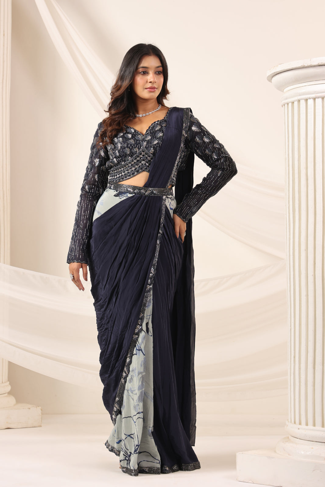 Navy Blue Crepe Pre-Draped Saree With Embroided Blouse And Partly Prints