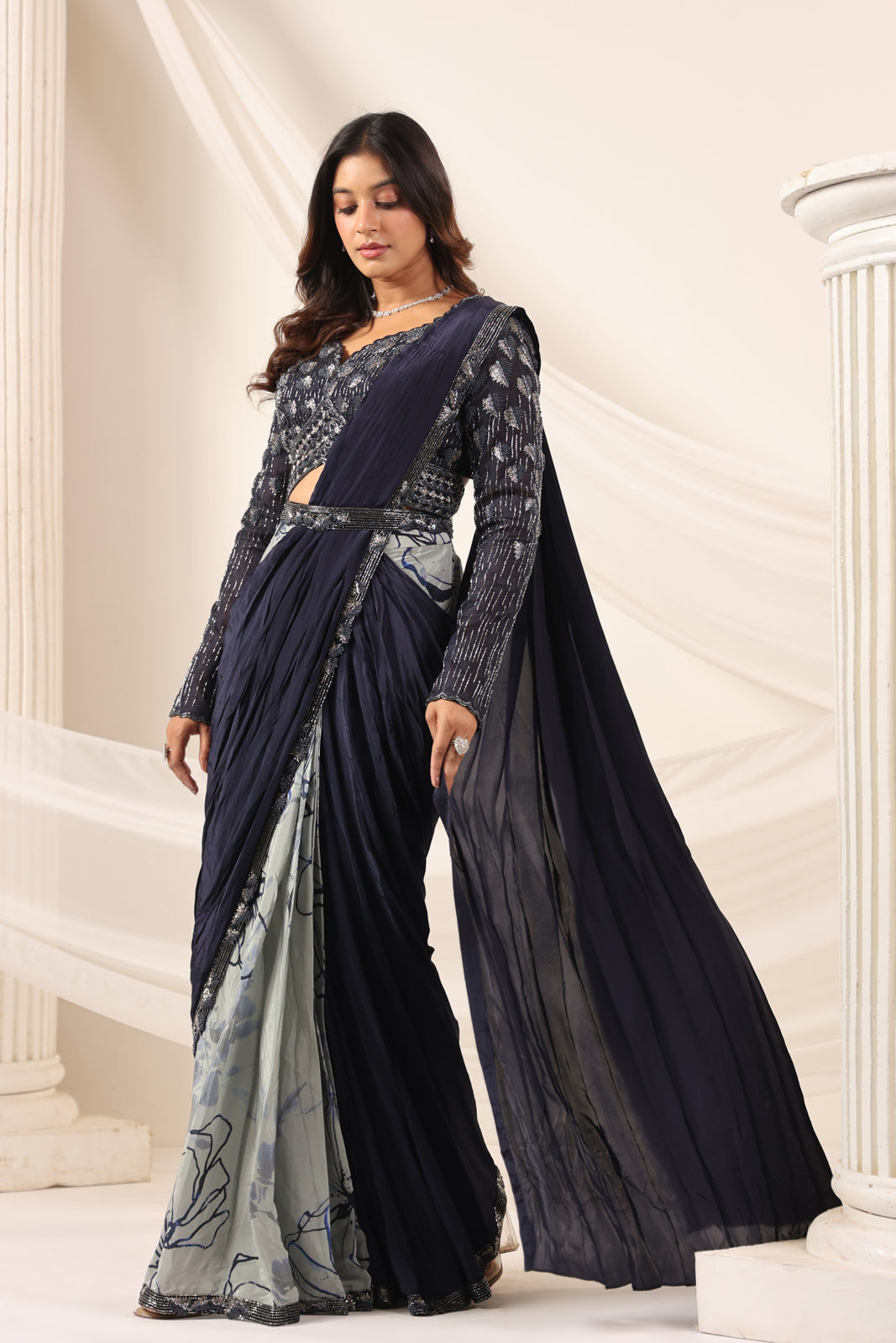 Navy Blue Crepe Pre-Draped Saree With Embroided Blouse And Partly Prints