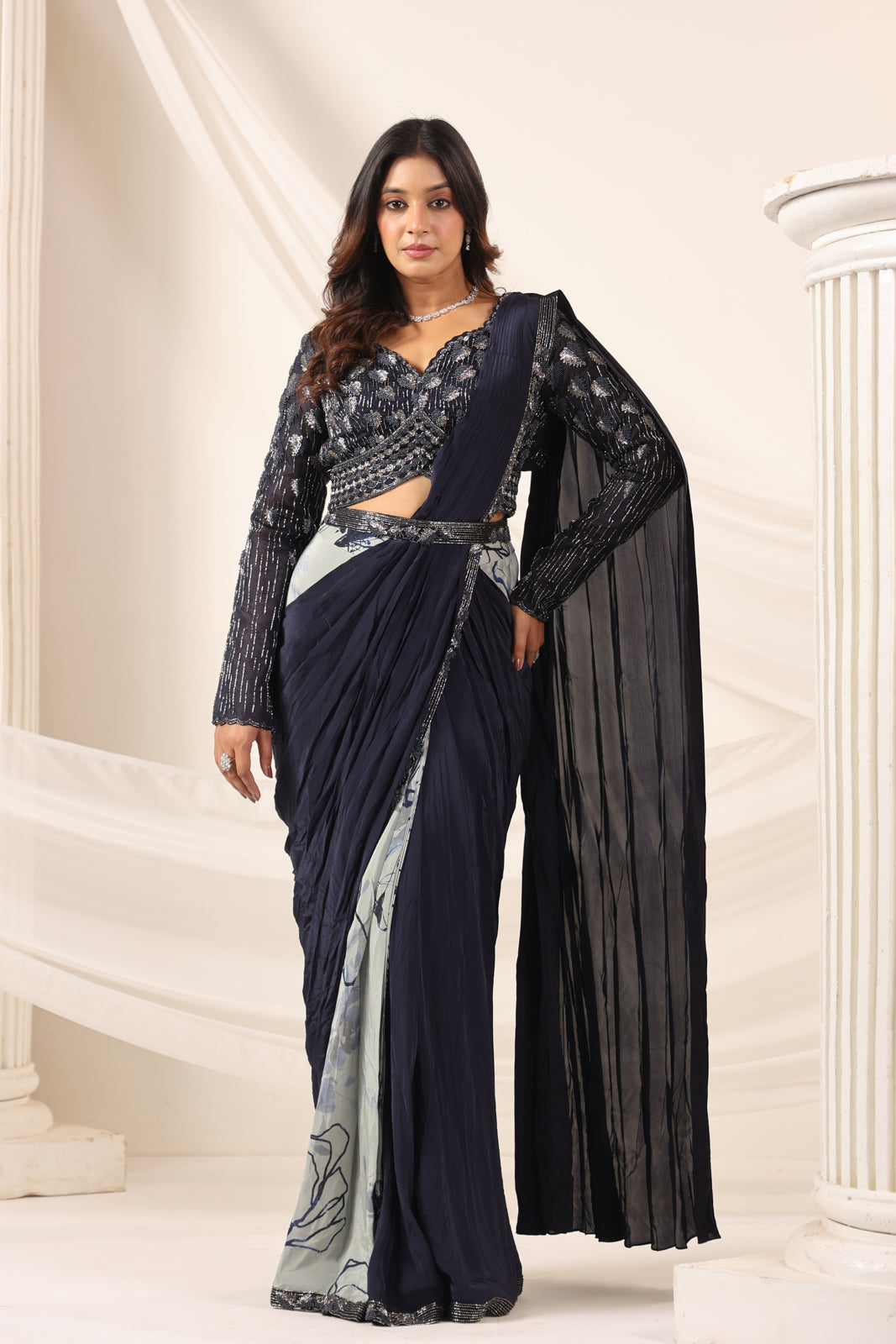 Navy Blue Crepe Pre-Draped Saree With Embroided Blouse And Partly Prints