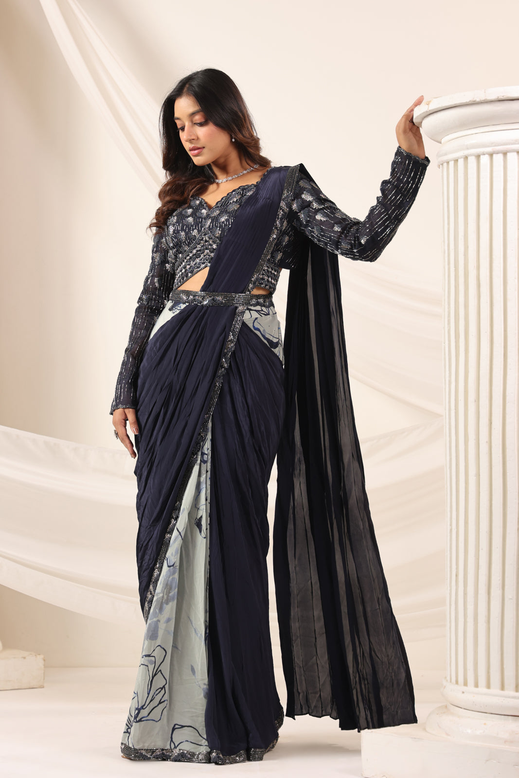 Navy Blue Crepe Pre-Draped Saree With Embroided Blouse And Partly Prints