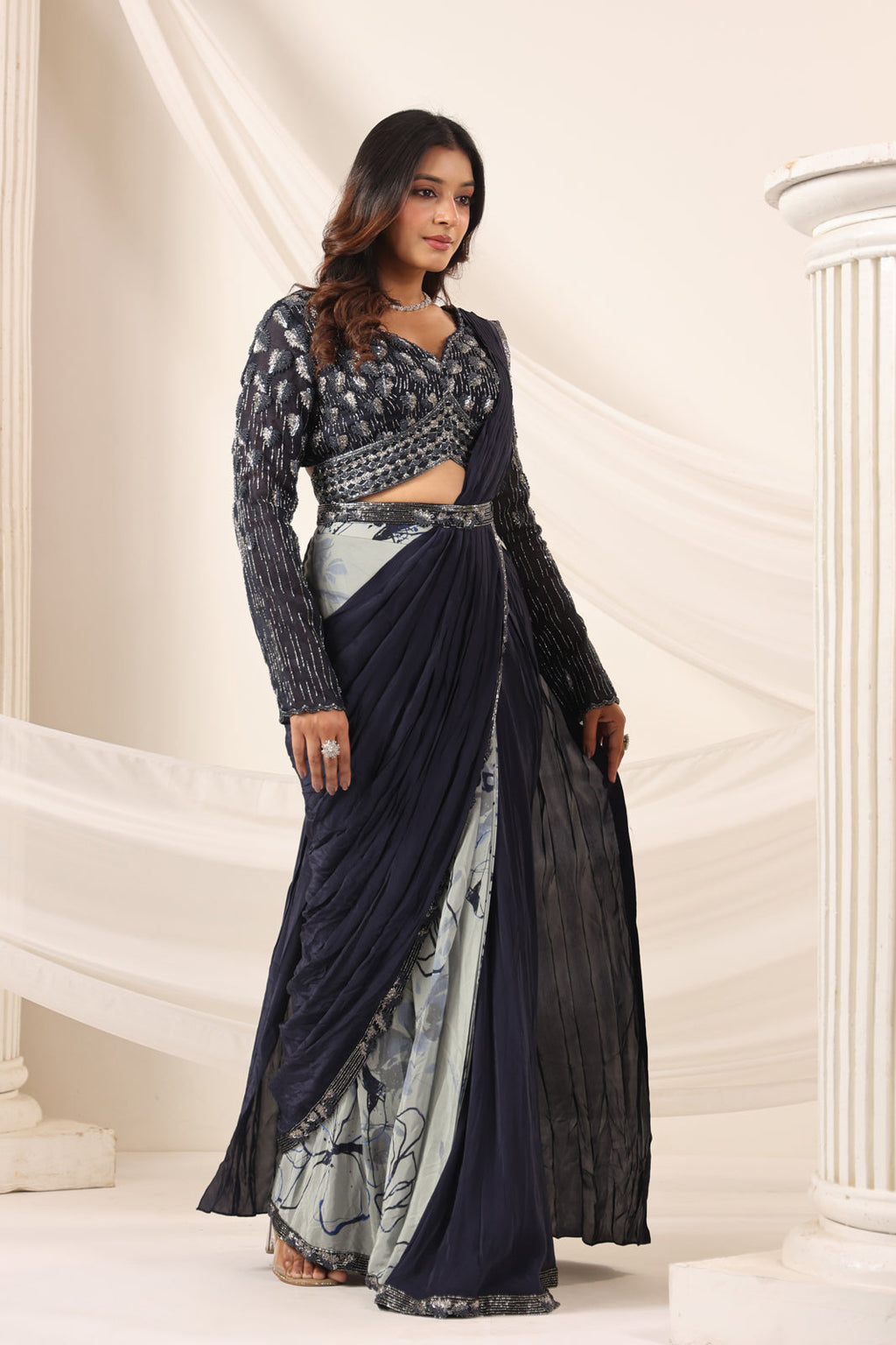 Navy Blue Crepe Pre-Draped Saree With Embroided Blouse And Partly Prints