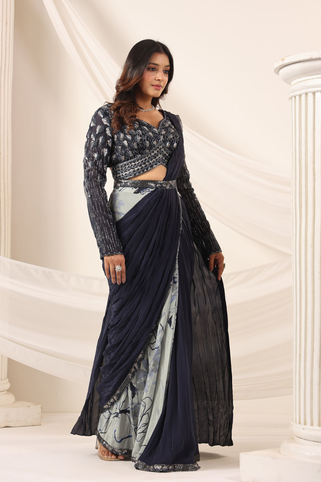 Navy Blue Crepe Pre-Draped Saree With Embroided Blouse And Partly Prints