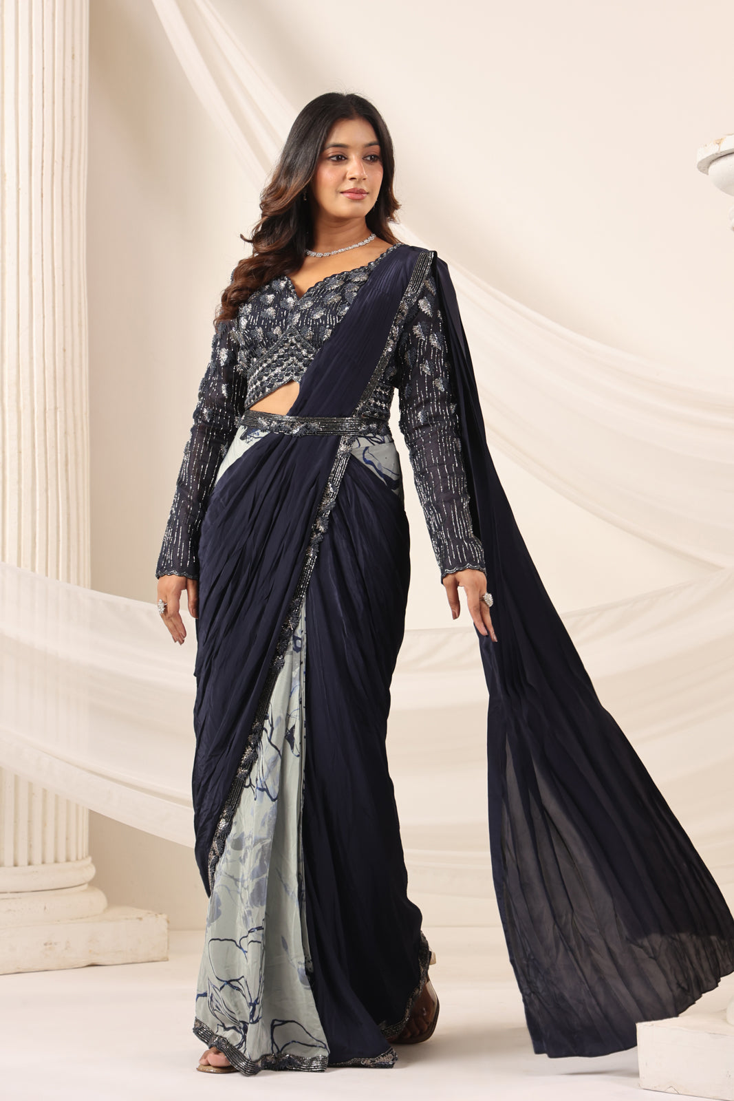 Navy Blue Crepe Pre-Draped Saree With Embroided Blouse And Partly Prints