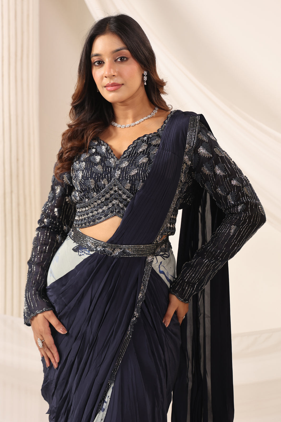 Navy Blue Crepe Pre-Draped Saree With Embroided Blouse And Partly Prints