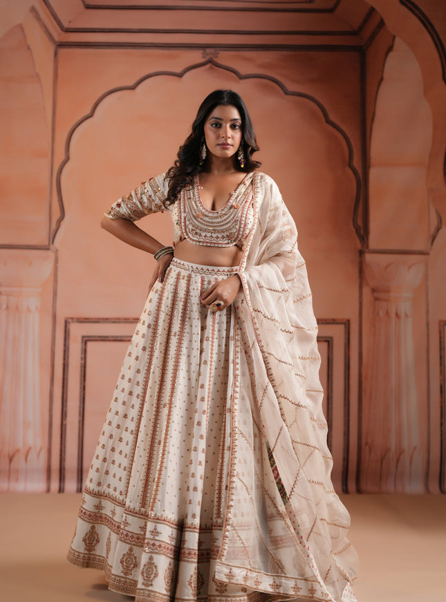 Off White Raw Silk Crop Top Lehenga Set With Allover Sequin Work And Embroidery