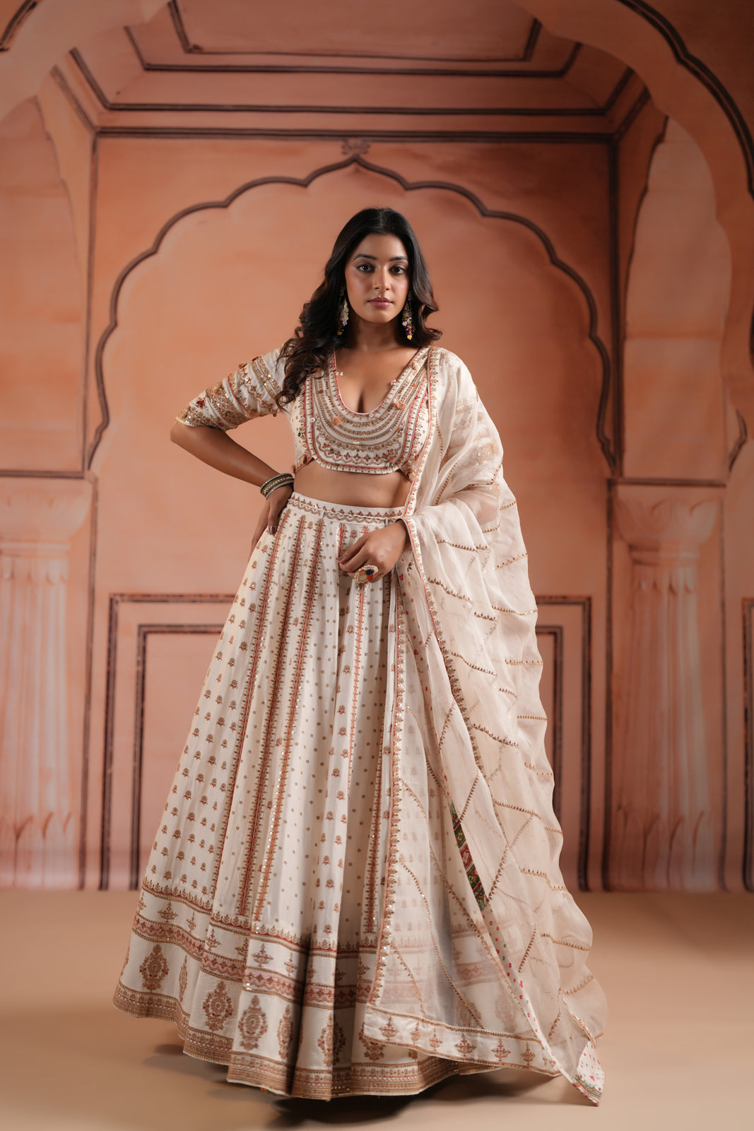 Off White Raw Silk Crop Top Lehenga Set With Allover Sequin Work And Embroidery