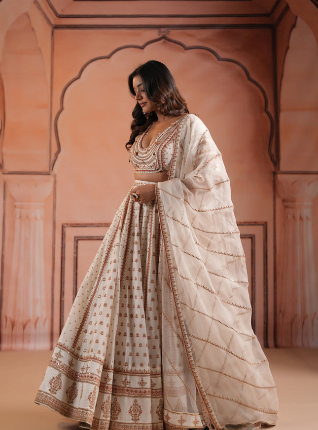 Off White Raw Silk Crop Top Lehenga Set With Allover Sequin Work And Embroidery