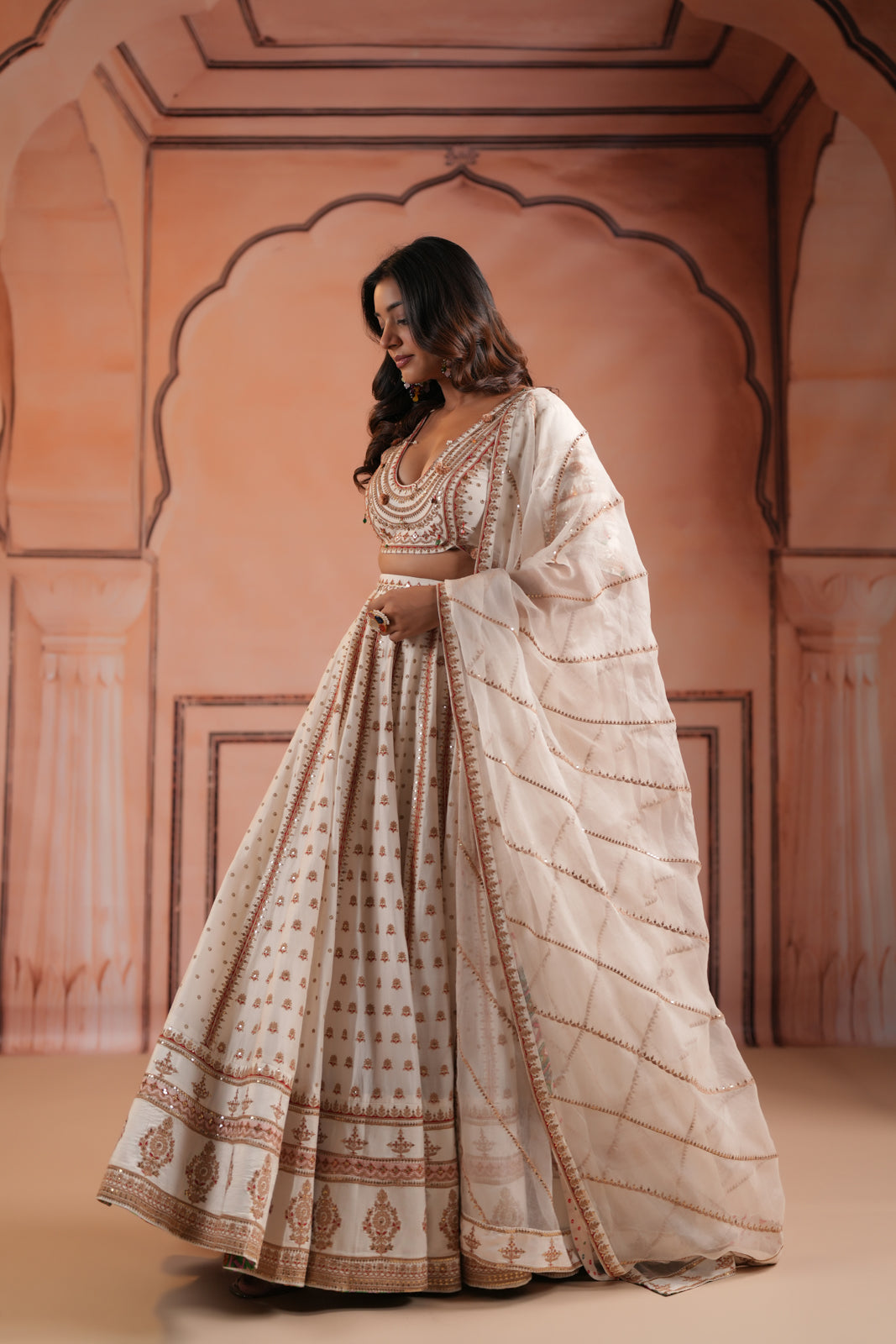 Off White Raw Silk Crop Top Lehenga Set With Allover Sequin Work And Embroidery