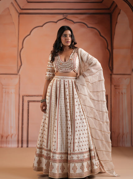 Off White Raw Silk Crop Top Lehenga Set With Allover Sequin Work And Embroidery