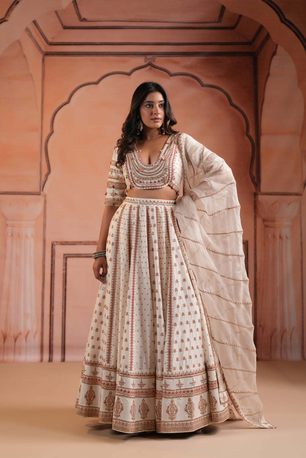 Off White Raw Silk Crop Top Lehenga Set With Allover Sequin Work And Embroidery