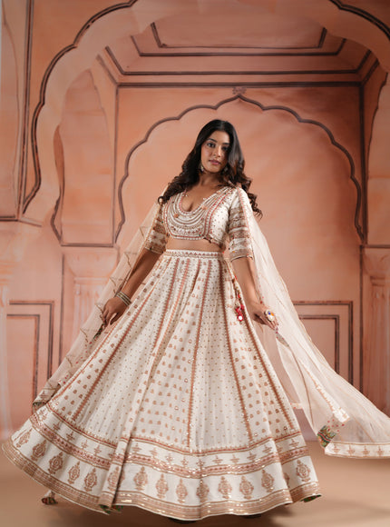 Off White Raw Silk Crop Top Lehenga Set With Allover Sequin Work And Embroidery
