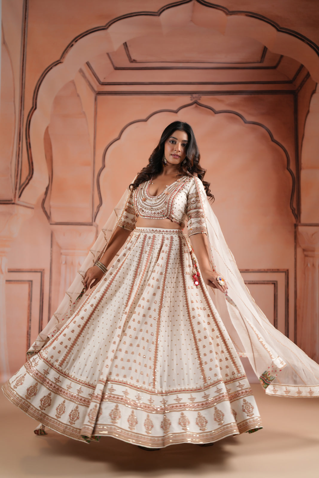 Off White Raw Silk Crop Top Lehenga Set With Allover Sequin Work And Embroidery