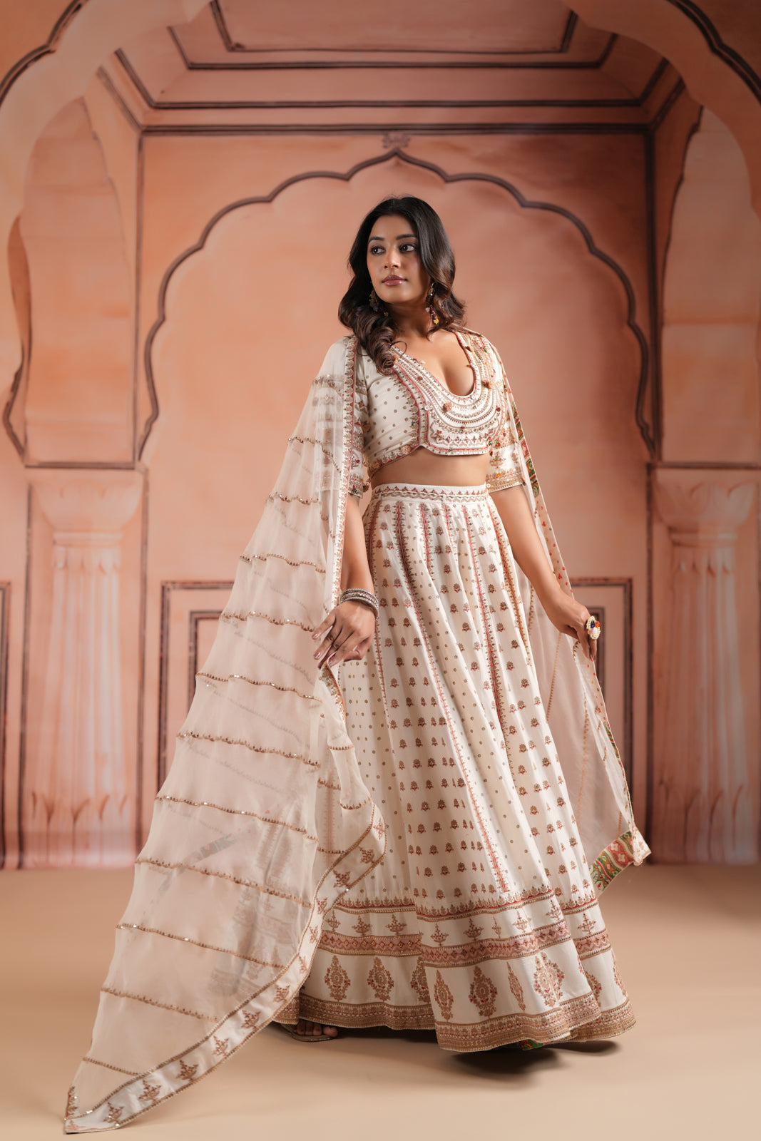 Off White Raw Silk Crop Top Lehenga Set With Allover Sequin Work And Embroidery