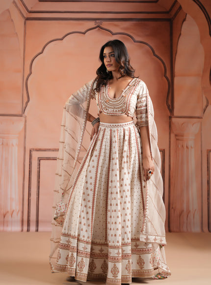 Off White Raw Silk Crop Top Lehenga Set With Allover Sequin Work And Embroidery