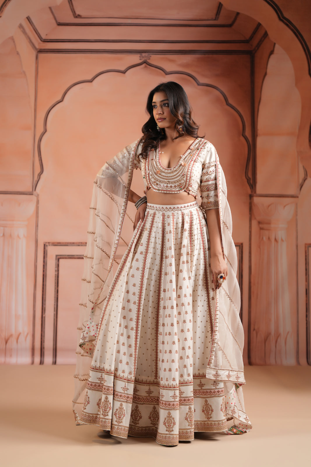 Off White Raw Silk Crop Top Lehenga Set With Allover Sequin Work And Embroidery