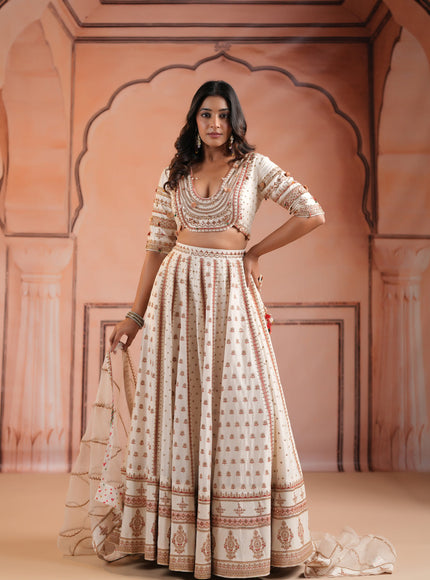 Off White Raw Silk Crop Top Lehenga Set With Allover Sequin Work And Embroidery
