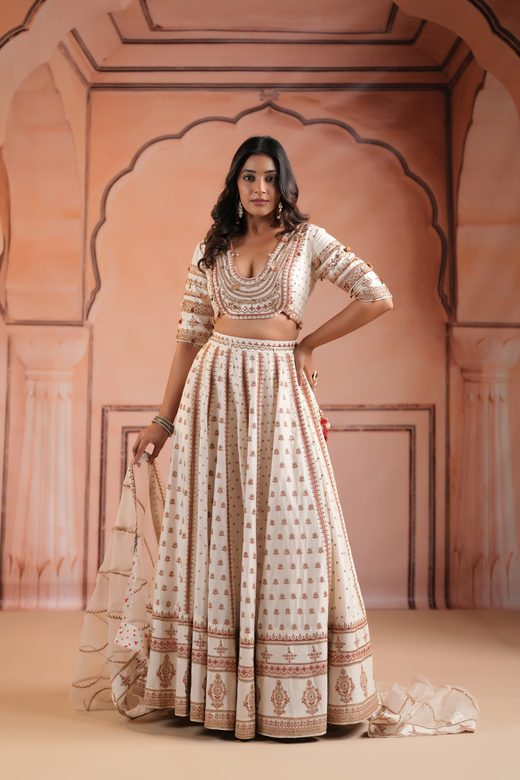 Off White Raw Silk Crop Top Lehenga Set With Allover Sequin Work And Embroidery