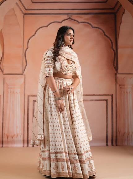 Off White Raw Silk Crop Top Lehenga Set With Allover Sequin Work And Embroidery