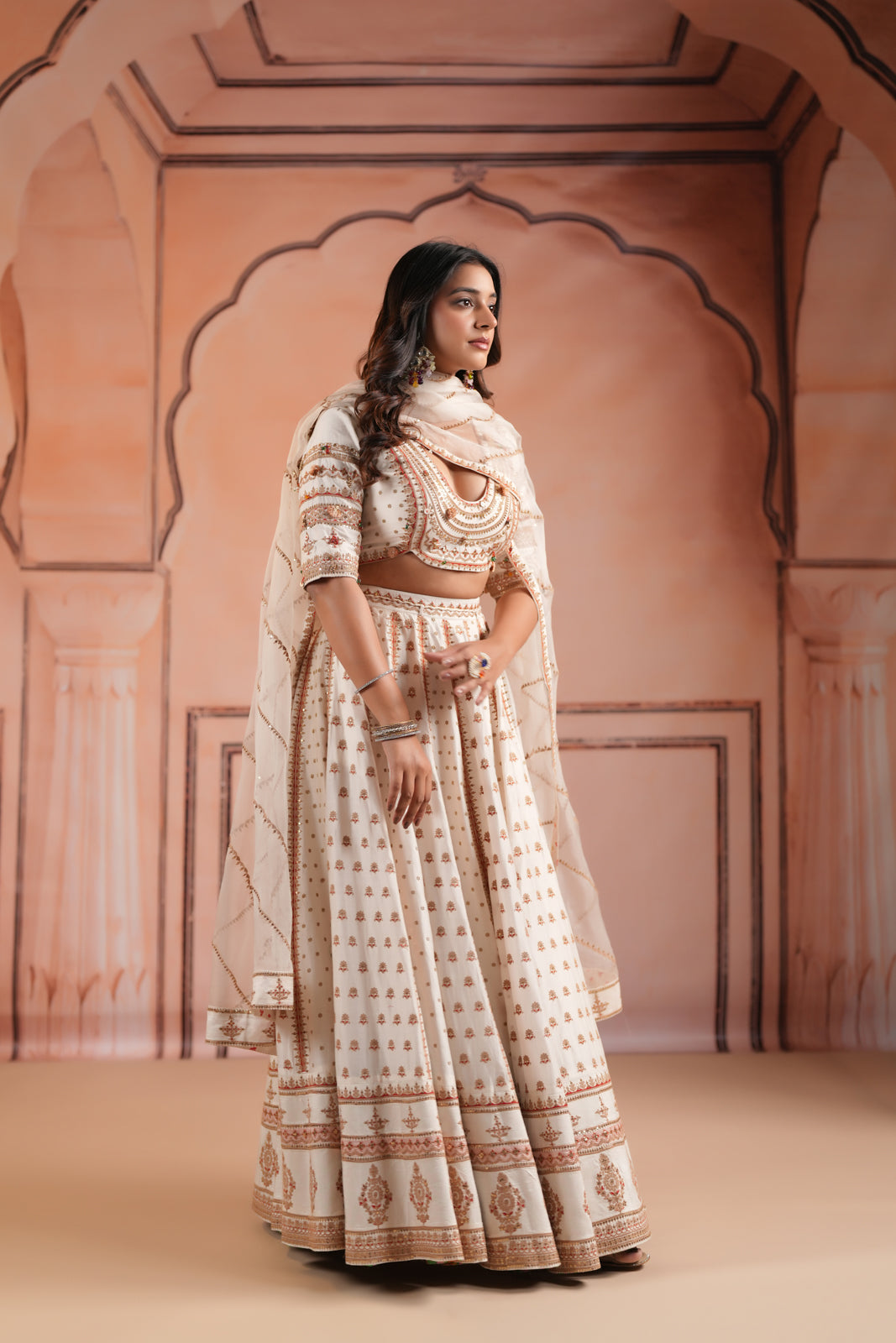 Off White Raw Silk Crop Top Lehenga Set With Allover Sequin Work And Embroidery