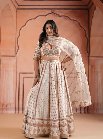 Off White Raw Silk Crop Top Lehenga Set With Allover Sequin Work And Embroidery